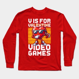 V Is For Video Games Funny Gamer Boys Valentines Day Kids Long Sleeve T-Shirt